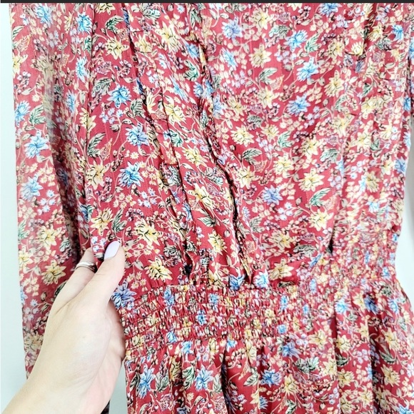 Melloday Nordstrom red floral long sleeves elastic Waist midi boho dress NWT - Picture 5 of 8
